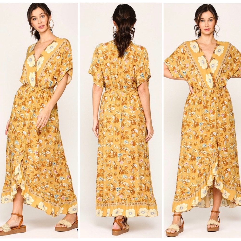 LAST ONE❗Boho Chic Mustard Kimono Top Ruffle Maxi Dress - Picture 3 of 7